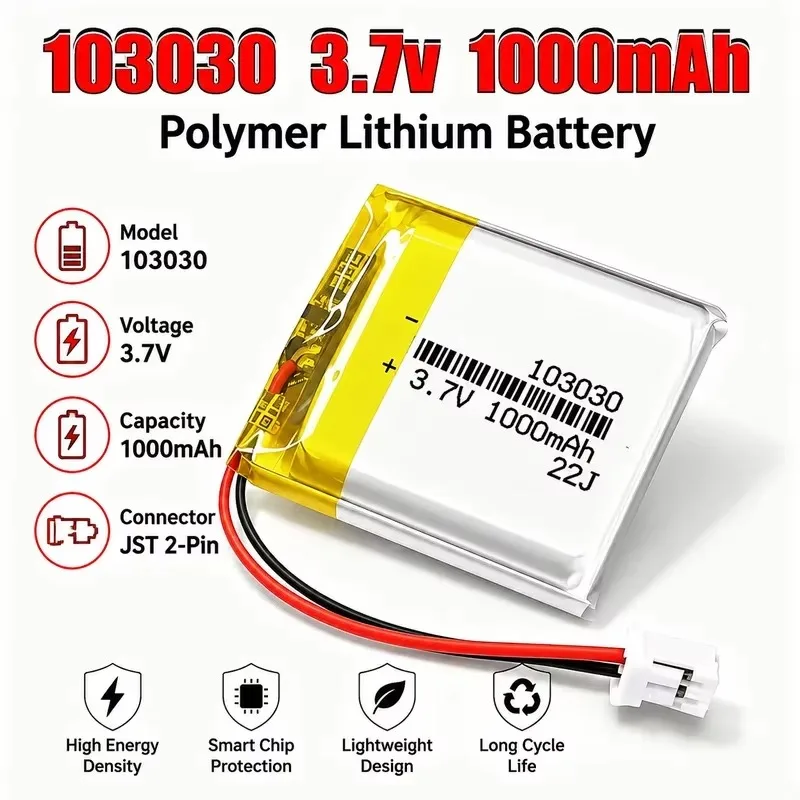 103030 3.7V 900mAh Lithium Polymer Rechargeable Battery 2Pcs LiPo for Headset Bluetooth Speaker Fan Air Purifier