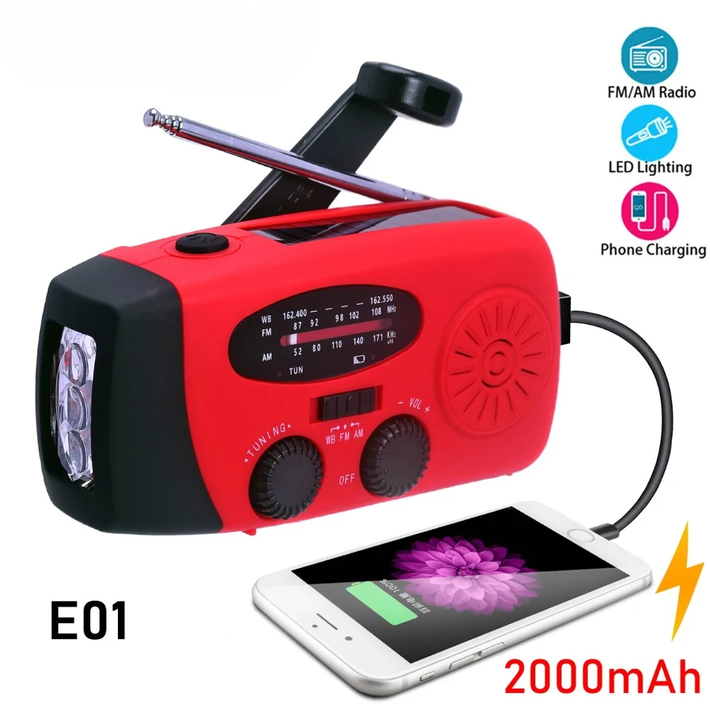 E01 Emergency Hand Crank Solar Radio 2000mAh Power Bank FM AM NOAA WB Weather Radio LED Flashlight Portable Outdoor Charger