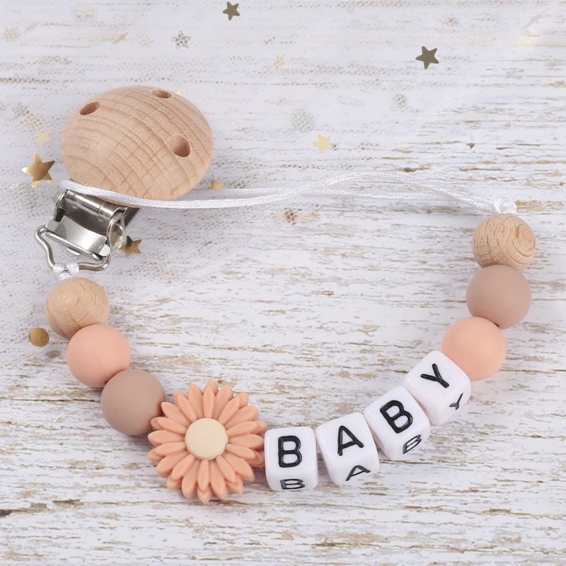 Personalized Baby Pacifier Chain Silicone Daisy Dummy Holder Chain For Handmade Wooden Baby Nipple Clips Nursing Chew Toys