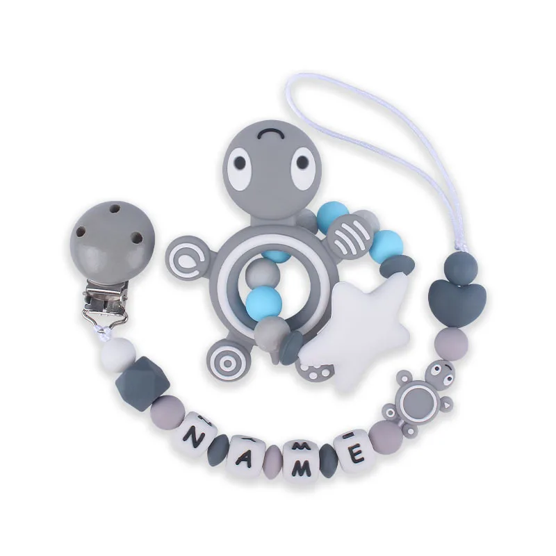 Custom English Silicone Letter Name Baby Turtle Silicone Beads Pendant Pacifier Clips Chains Teether Baby Shower Toy Gifts