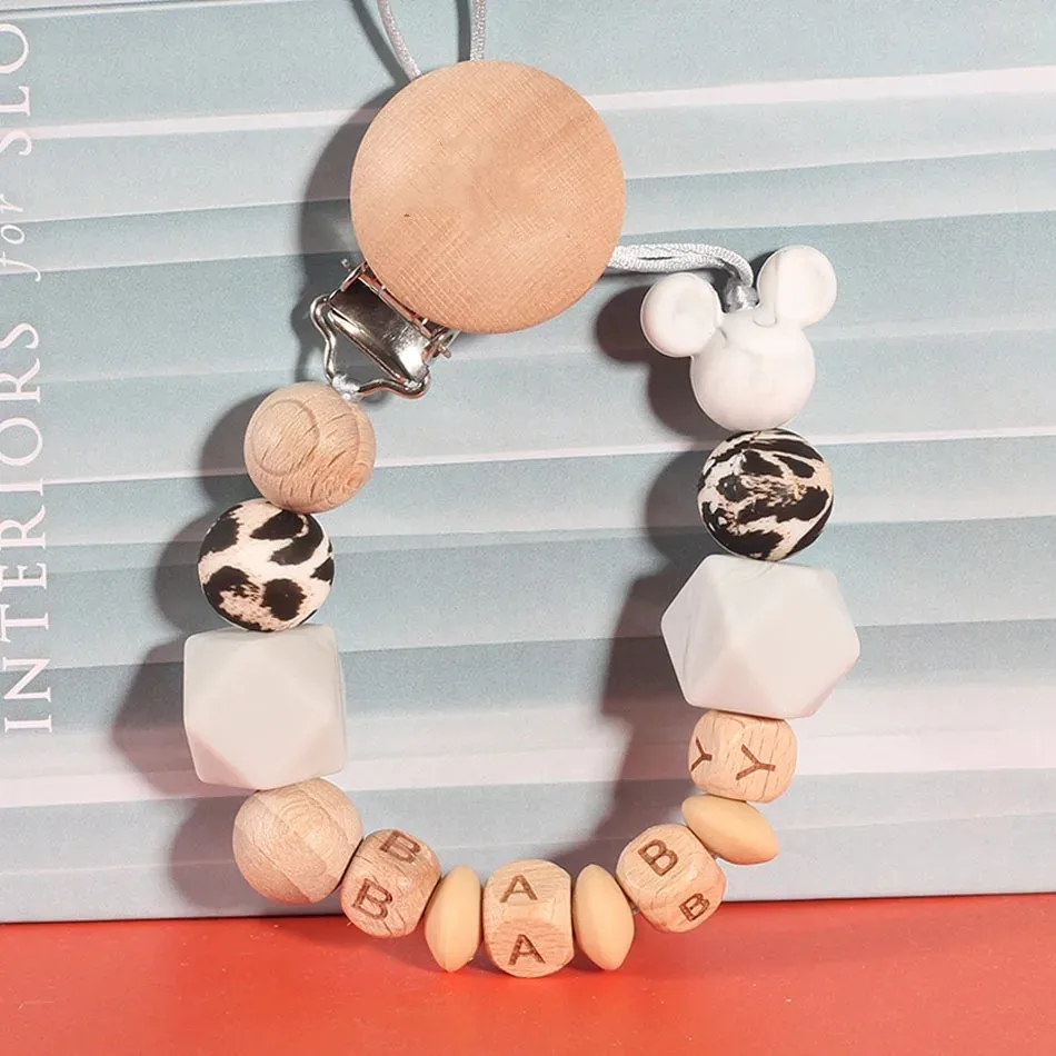 Baby Personalized Name Handmade Silicone Wooden Pacifiers Clip Teething Dummy Holder Anti-Lost Pacifier Chains BPA Free