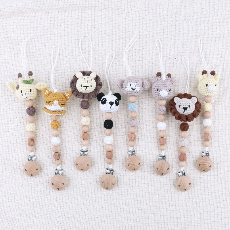 Vintage Wooden Beads Baby Pacifier Clips Cute Crochet Animal Beads Newborn Nipple Holder Anti-Drop Dummy Soother Clip Chain Toys