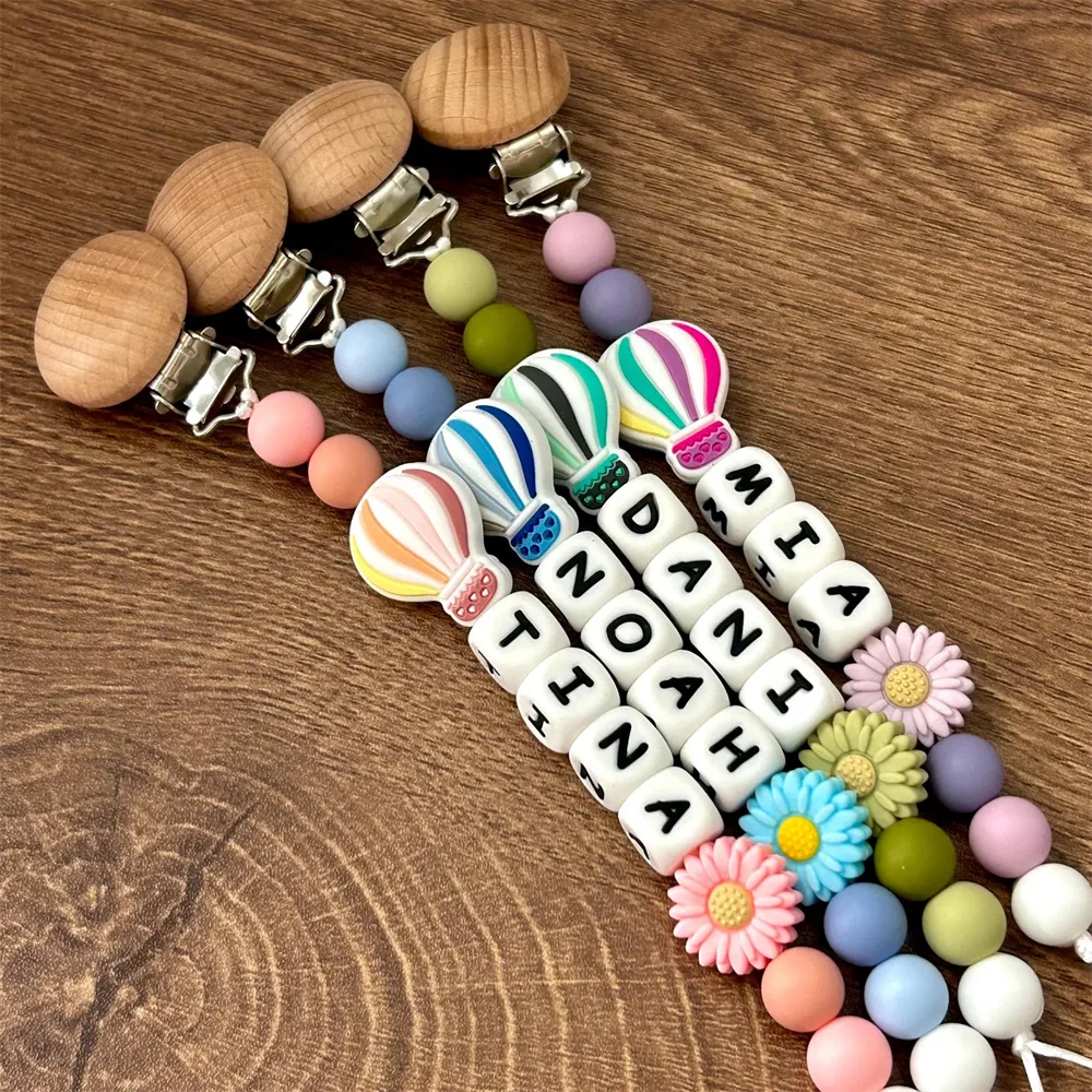 Personalized Silicone Bead Pacifier Clips - with Wooden Clips, Hot Air Balloon & Flower Decor - Customizable Names for Babies