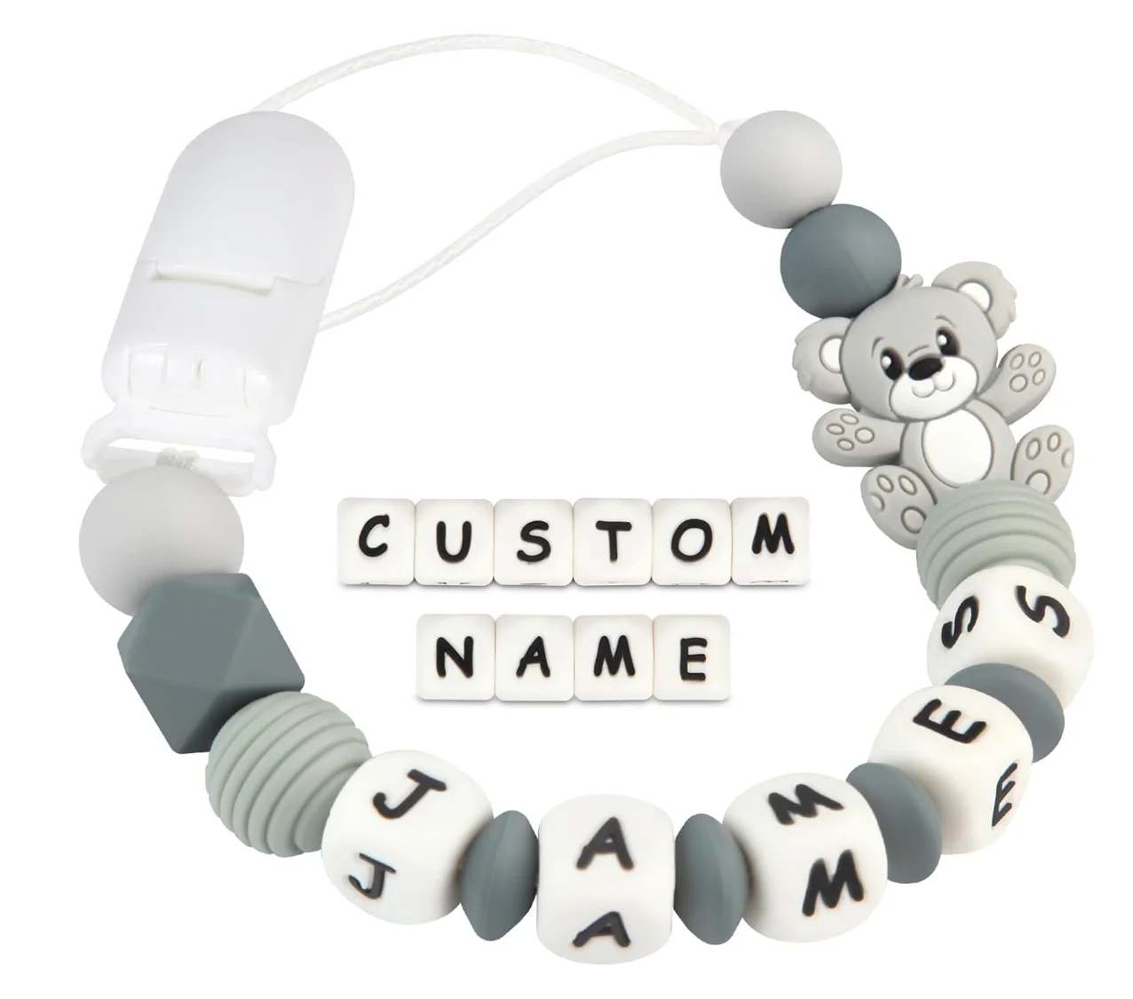 Custom Name Baby Pacifier Chain Clip with Bear Charm