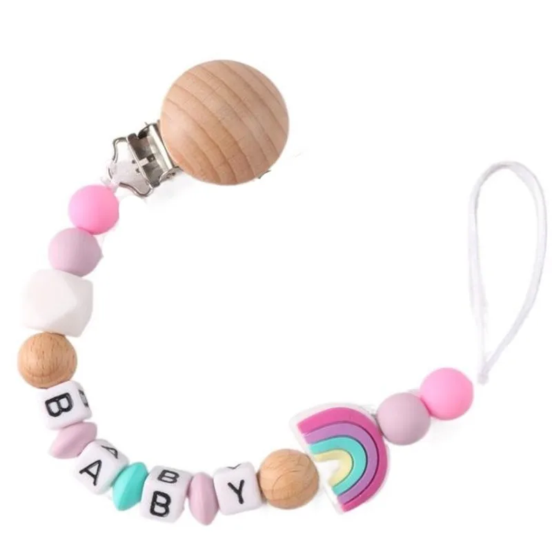 Custom English Letter Name Silicone Rainbow Beads Baby Pacifier Chain Clip Teether Pendants Kawaii