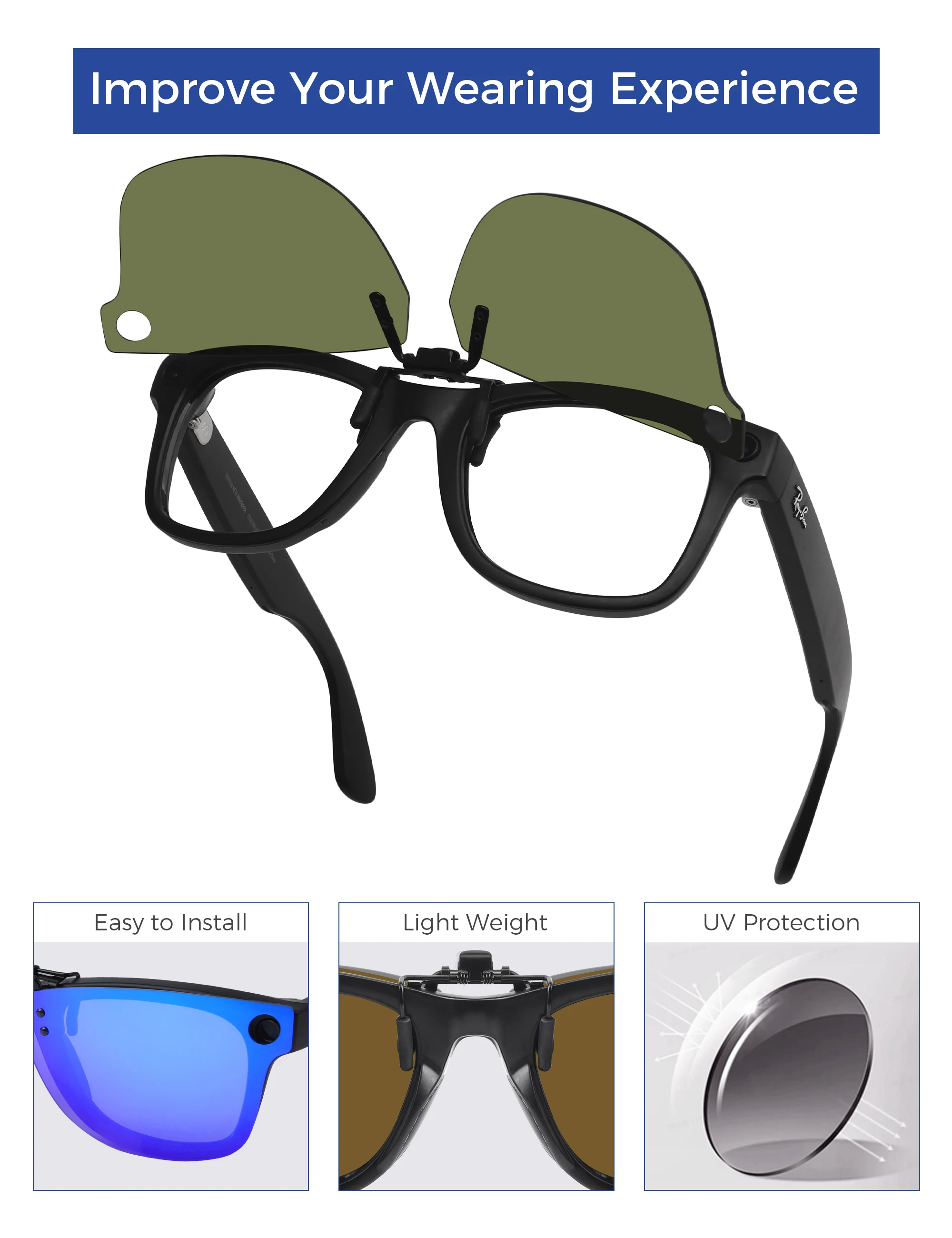 Rarayvix Polarized Flip-up Clip-on Sunglasses Compatible with Ray-Ban Meta Wayfarer RW4008 53mm for Men Women UV Protection