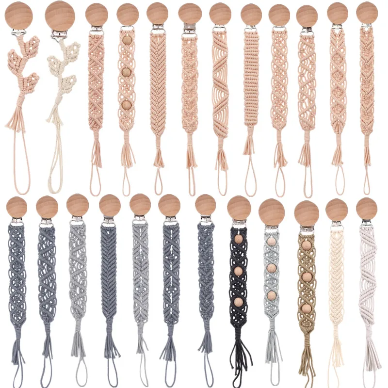 Vintage Crochet Baby Pacifier Clip Chain Woven Cotton Rope Beech Wood Pacifier Clip DIY Dummy Nipple Holder Baby Teething Toy