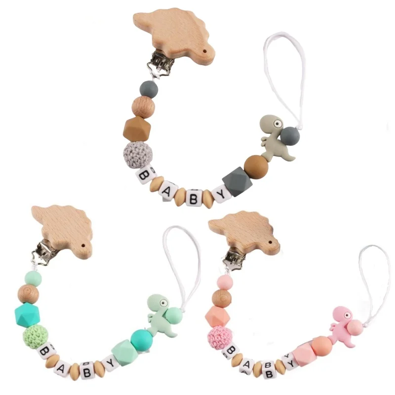 Custom Letter Name Dinosuar Pacifier Clips Chain Teether Pendants for Baby Infant Chew Leash Nipple Holder Teether Gifts