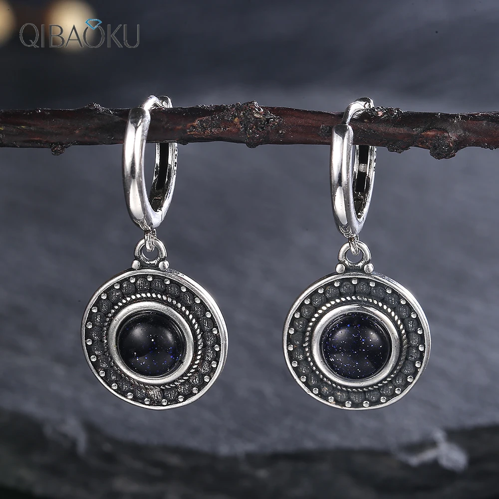Natural Kyanite Earrings for Women S925 Silver Sun Flower Shaped Retro Silver Labradorite Hoop Earrings