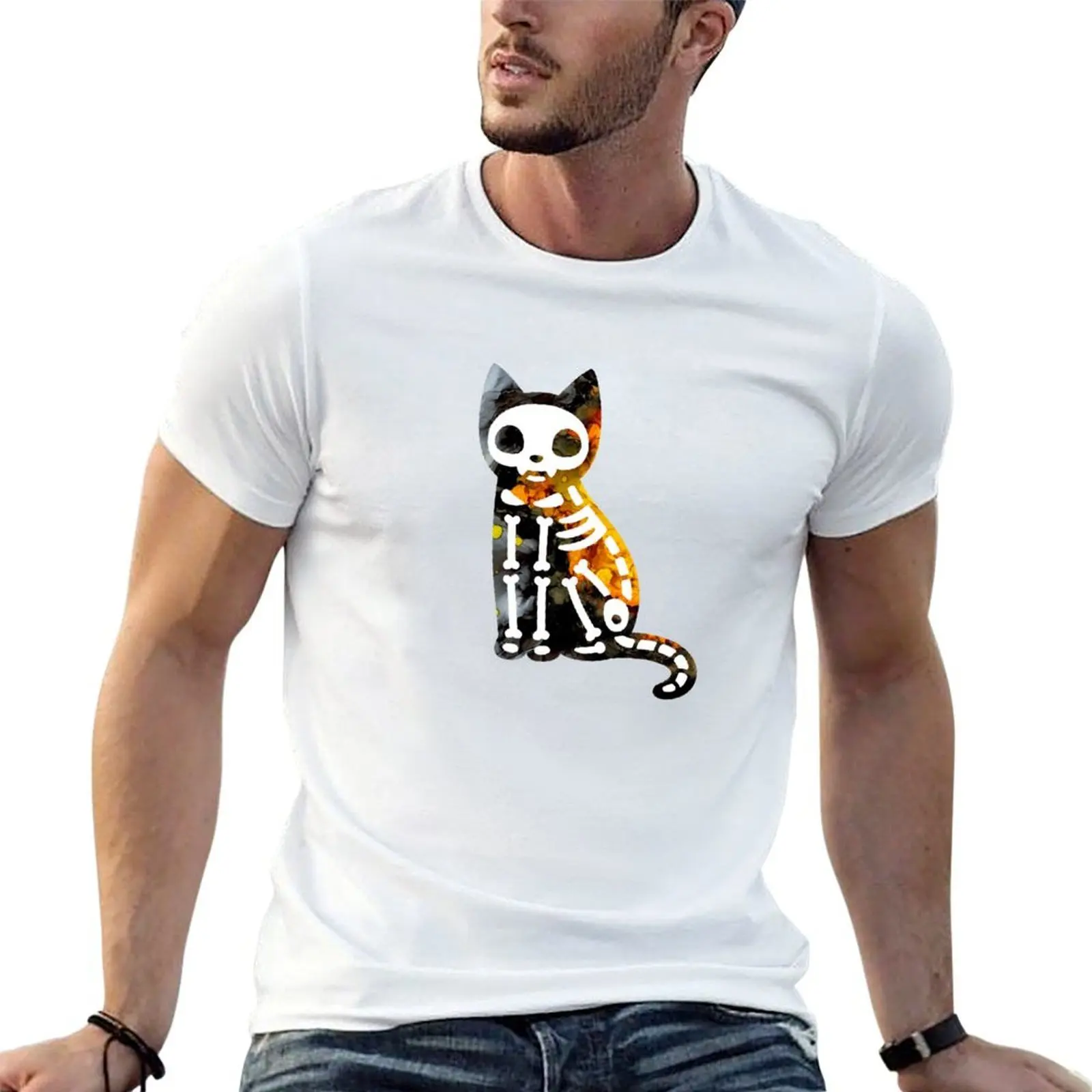 Cute Halloween Skeleton Cat T-Shirt t shirts with prints cotton t shirt pack funny t shirts man T-shirt