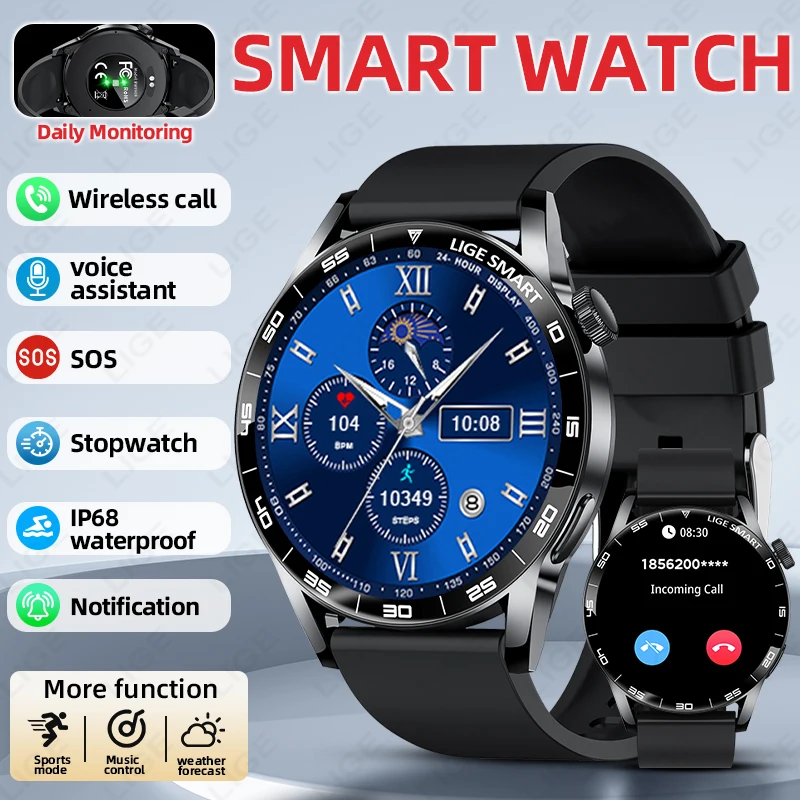 LIGE Smart Watch Wireless Call Weather Forecast Magnetic Charging Waterproof Music Control Men Smart Watches For Android IOS