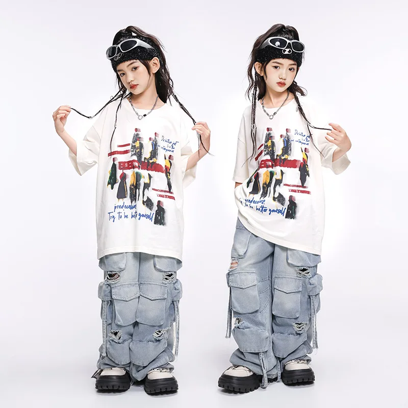 Kid Kpop Hip Hop Clothing White Print T Shirt Denim Blue Distressed Ripped Cargo Jeans Pants for Girl Boy Dance Costumes Clothes