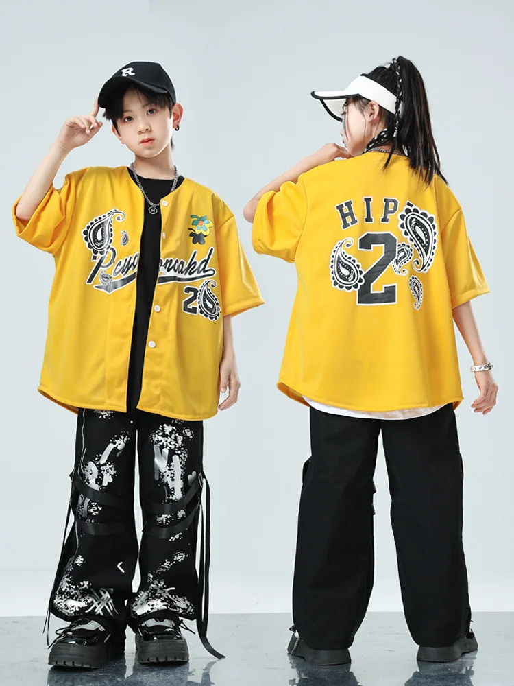Kid Kpop Hip Hop Clothing Yellow Cardigan Shirt Top Black Print Casual Print Wide Pants for Girls Boy Jazz Dance Costume Clothes