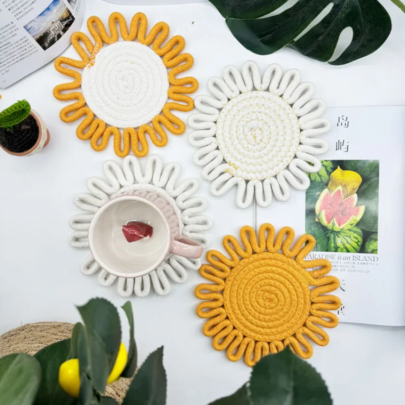 7.5inch Cute Sunflower Woven Cotton Rope Trivet Heat Resistant Pot Holder Non‑Slip Table Coaster Kitchen Home Decoration Gift