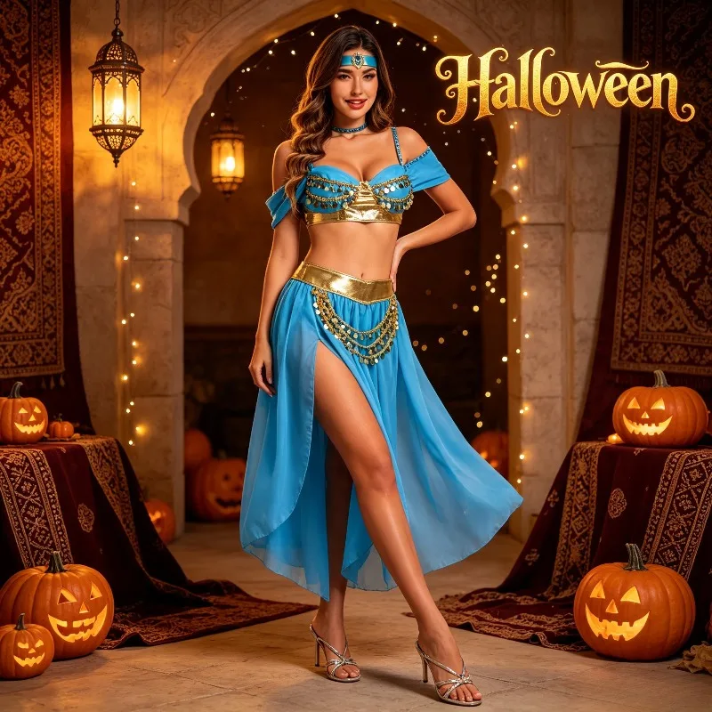 Arabian Princess Belly Dance Costume Set,Adult Halloween Cosplay Role Play Outfit,Stage Performance Dress for Holiday Party Show