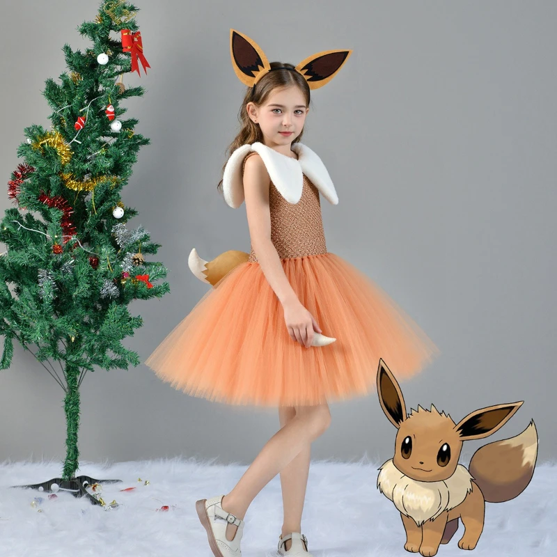 Adorable Little Girl's Sweet and Super Cute Pokémon Halloween Anime Cosplay Costume Eevee Cosplay Roleplay Puffy Skirt Dress