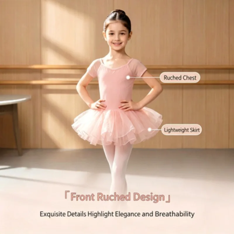 Girls' Short-sleeve Ballet Leotard, Mesh Splice Dance Dress, Professional Training & Performance Costume for Kids Dance Studio