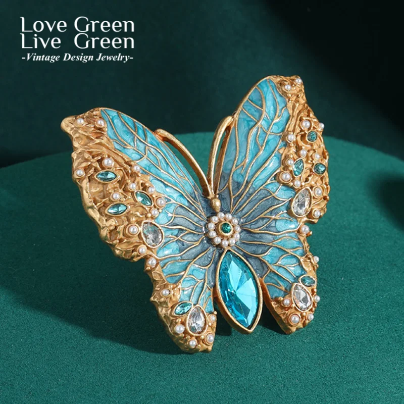 Vintage Large Blue Butterfly Big Cocktail Rings For Woman Crystal Enamel Size 8 Gold Color Luxury Jewelry Designers Accessories