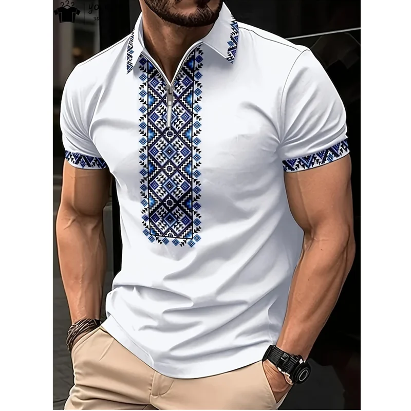 3D Vintage Ethnic Style Casual Polo Shirt Mens Big Size Big Size Short Sleeve Zip Printed Polos Fashion Outdoor Sport Polo Shirt