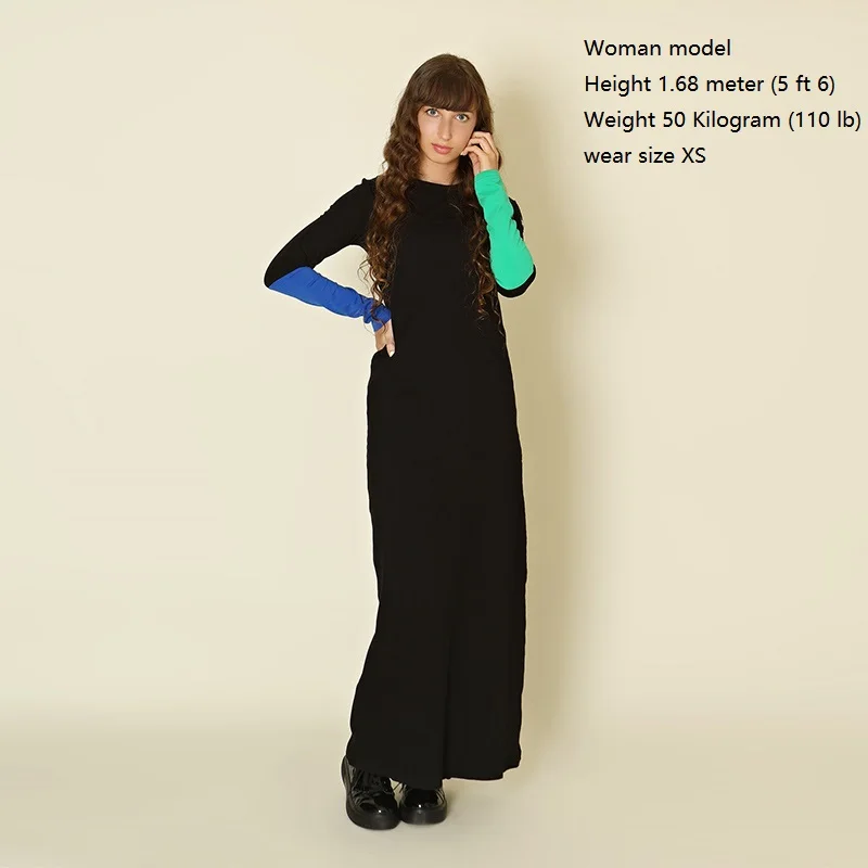 AA-Women Sleeveless Winter Dress T-Shirt for Women Black Ribbed Jersey Color Block Sleeves Top Shirt Big Round Neck Ribbed Dress