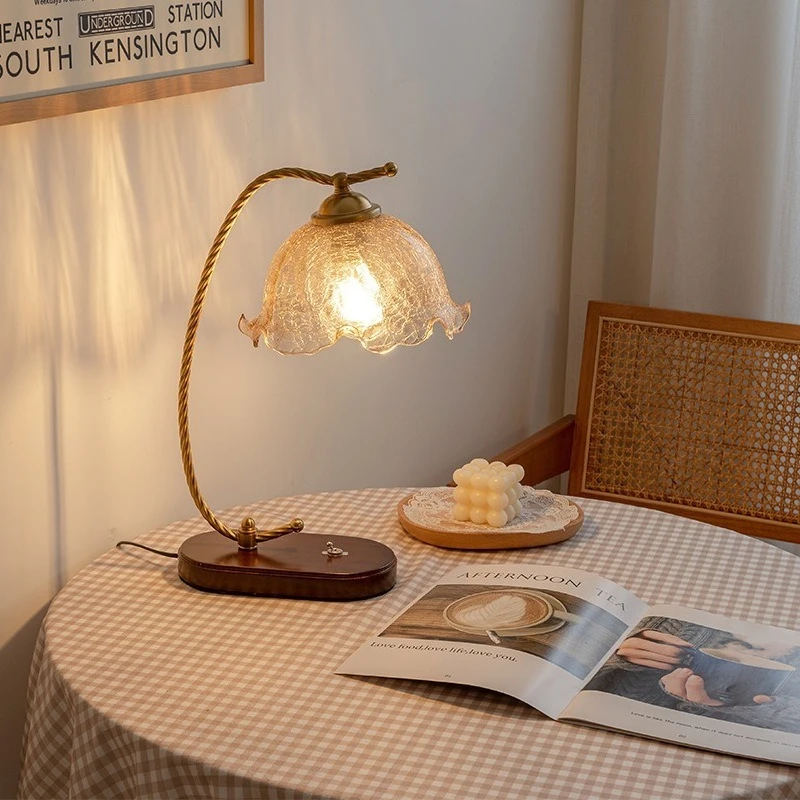 French Vintage Glass Table Lamp for Bedroom Study, Romantic Night Light for Homestay Bedside, Warm Home Decor Accent