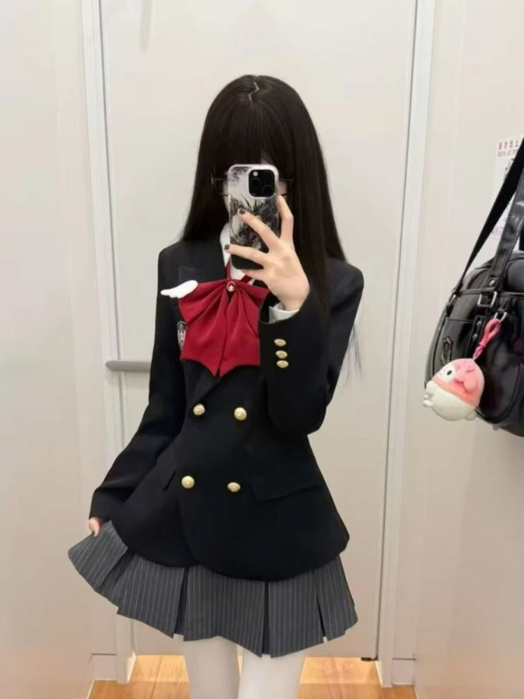 Gothic Y2k Slim Lace 2-piece Set Women Chic Elegant Flare Sleeve Cardigan Fashion Lace Up Bow Sling Elastic Waist Skirt Suit New