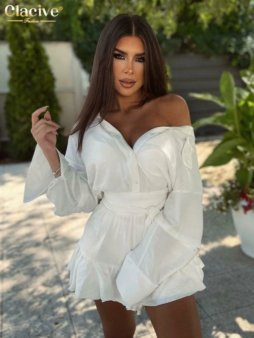 Clacive Casual Loose White 2 Piece Sets Women Outfit 2024 Fashion Long Sleeve Shirt With High Waist Pleated Mini Skirts Set