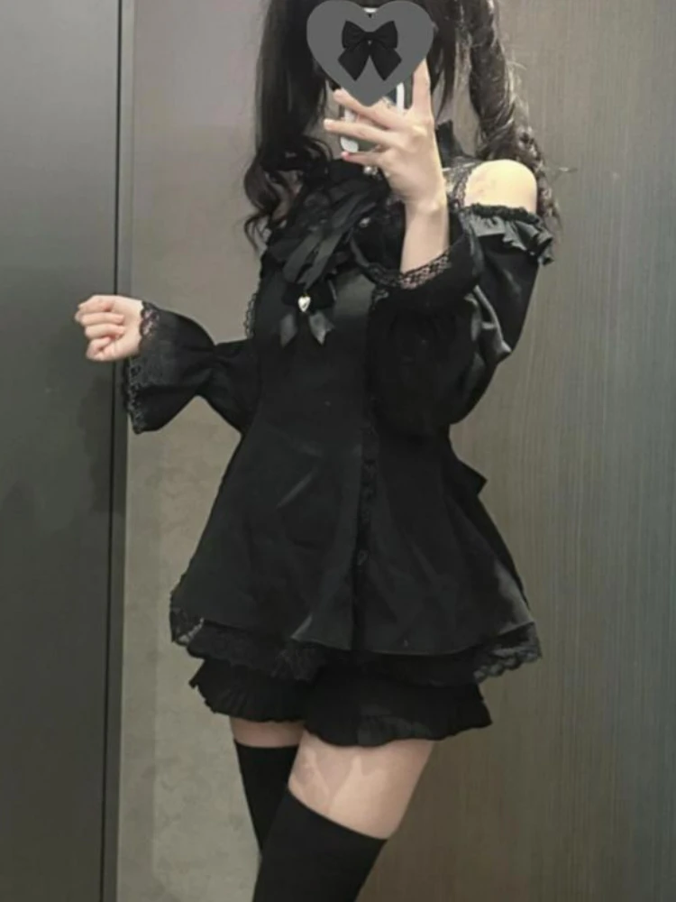 Women Lolita Two Piece Set Cold Shoulder Ribbon Blouse and Layered Mini Skirt Lace Detail Slim Fit Suit Gothic Cute Outfit 2025