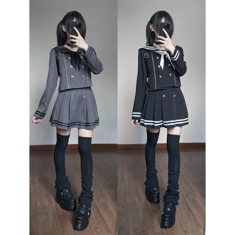 Japanese Subculture Retro Cosplay Costume Sailor JK Uniform Y2k Tops Mini Pleated Skirt Suit for Women Elegant Two Peice Sets
