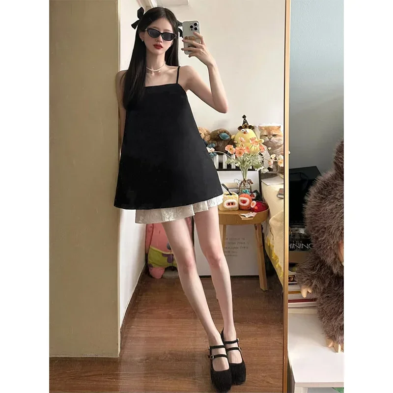 Color Contrast Chic Girl 2pc Sets Summer Fashion 2 Piece Suits Women Sleeveless Long Black Camis Crop Top+mini White Lace Skirt