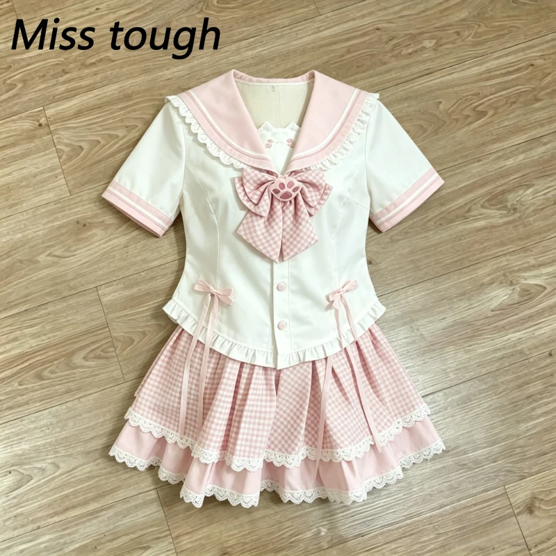 Preppy Kawaii Sailor Collar Short Sleeve New 2 Piece Sets Women Plaid Cat Bow Pleated Skirt Suits JK Style Daily Casual Japanese
