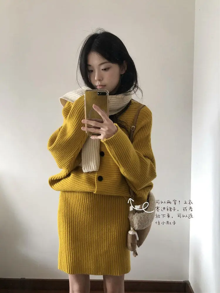 Fashion Suit Temperament Women's Suit Autumn and Winter High Waist Slimming Half Skirt Knitted Cardigan Two-piece Set