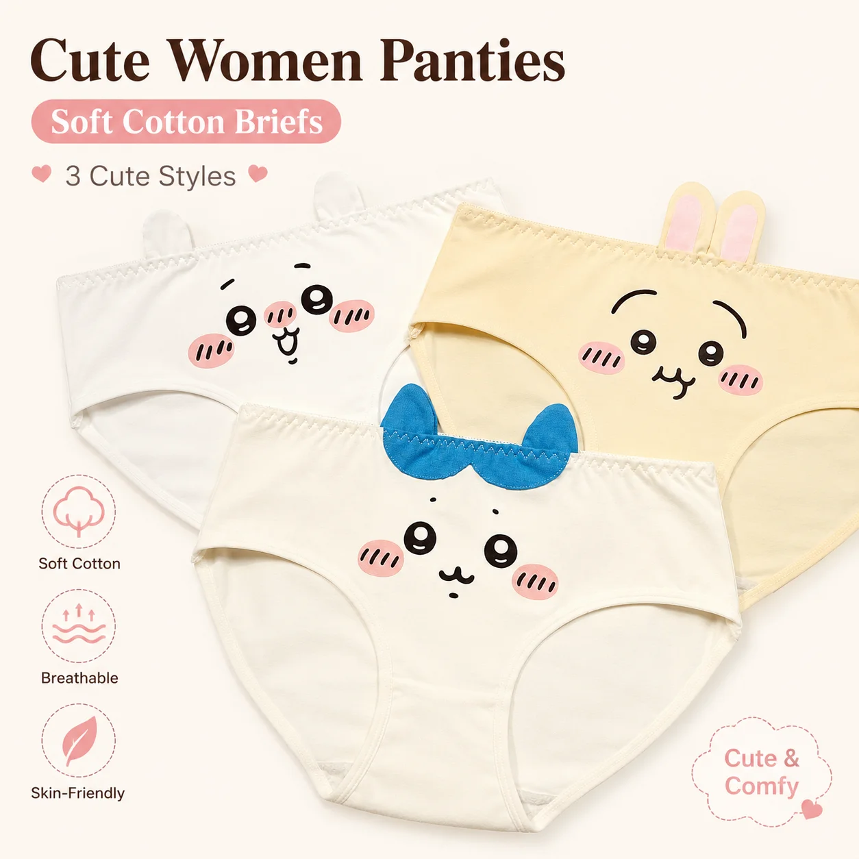 Chiikawa Usagi Hachiware 3D Ear Cartoon Women Panties Soft Cotton Breathable Kawaii Anime Briefs Cute Comfortable