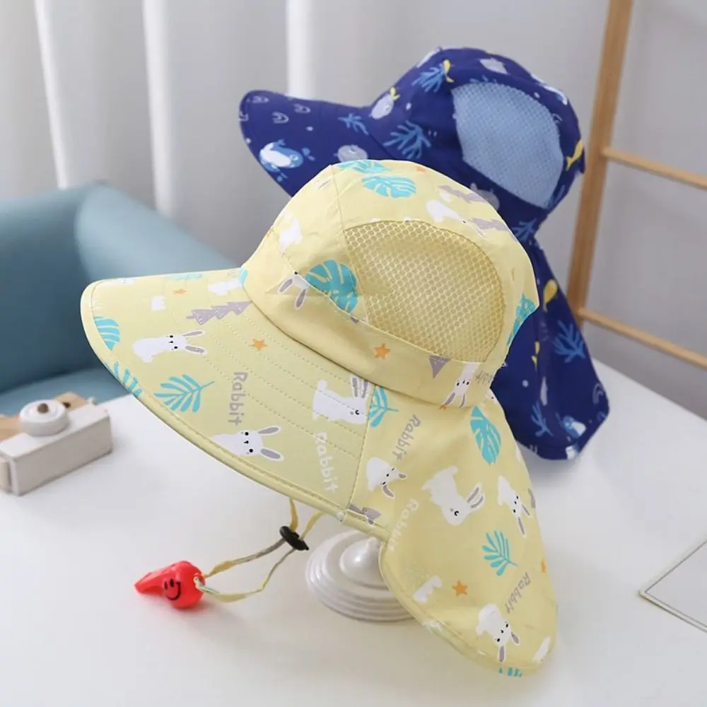 Bucket Cap Summer Baby Hat With Whistle Neck Ear Cover Children's Sunscreen Hat Breathable Anti UV Kids Beach Caps