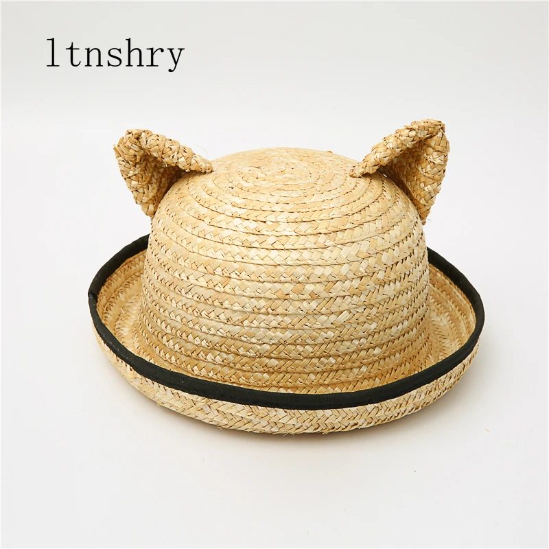 New Summer New Cat Ears Handmade Natural Straw Sun Hat with Bow for Women Solid Beach Cap Girls UV Protection Sunhat
