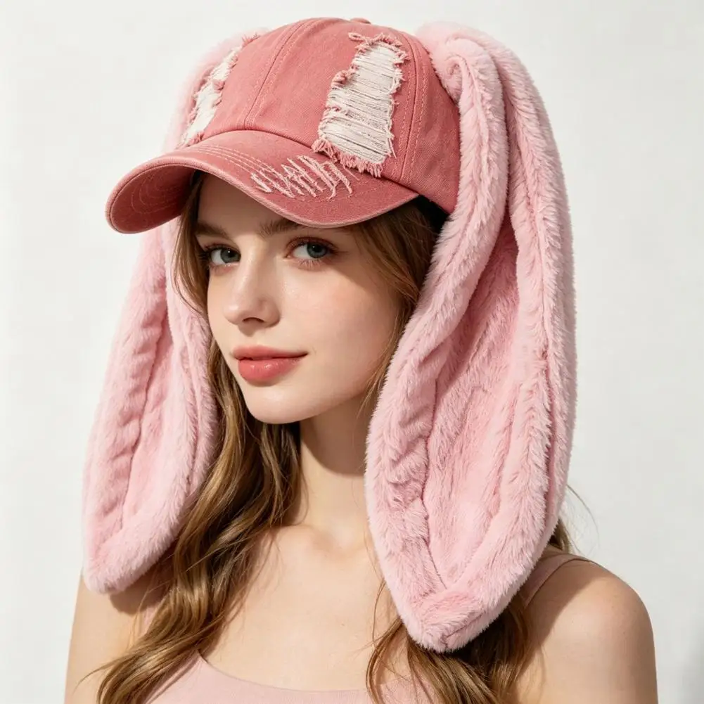 Baseball Cap with Plush Rabbit Ears, Washed Distressed Peaked Hat for Winter, Long Bunny Ear Baseball Hat for Show Festivals
