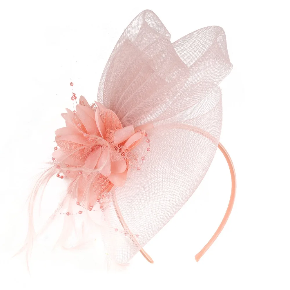 Formal Dress Small Top Hat Headband Luxury British Retro Cocktail Bridal Mesh Ribbons Cap with Ear Clip Clear Beads