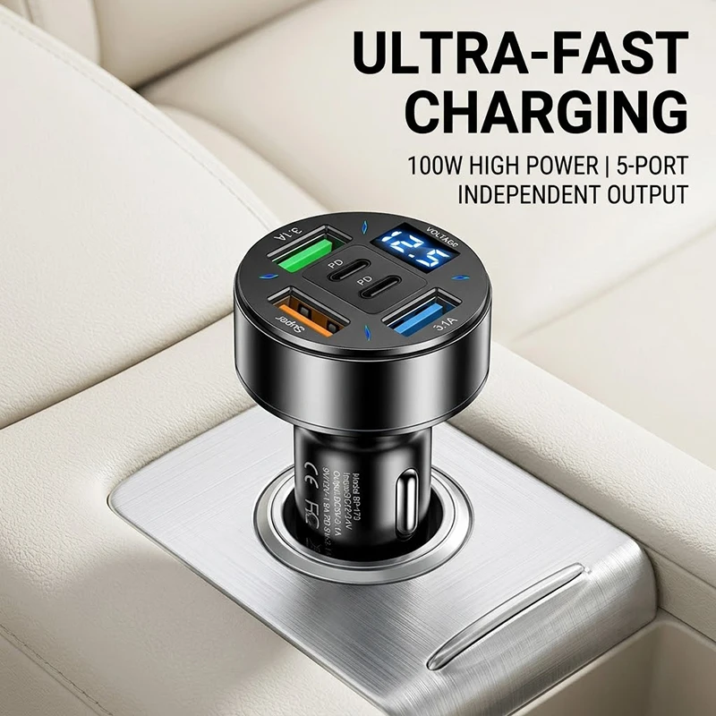 Fast Charge 100W Car Charger 5 Ports Cigarette Lighter Adapter with Intelligent LED Voltage Display 3 USB 2 PD For iPhone 17 16