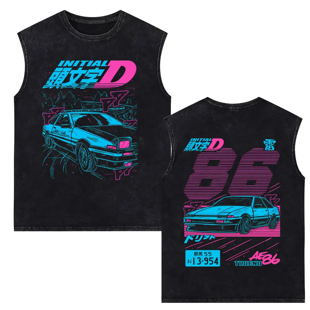 Japanese Anime Initial D Drift AE86 Takumi Fujiwara Vintage Washed Tank Tops Men's Clothing Manga Cotton Sleeveless Vest T-shirt