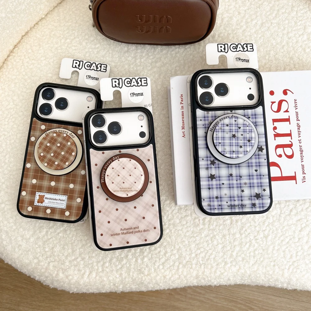 Korean INS polka dot star with magnetic holder mobile case suitable for iPhone 15Pro/15/16/17Pro Max shockproof protective case