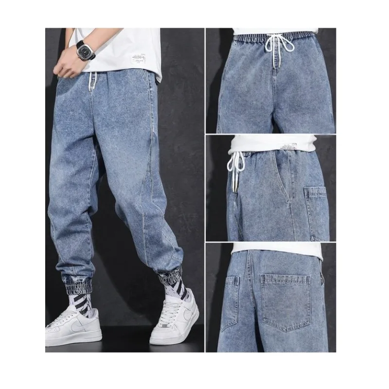 Man Pants Casual Baggy Jeans with Ankle Cuff Trendy Loose Fit Blue Drawstring Denim Trousers