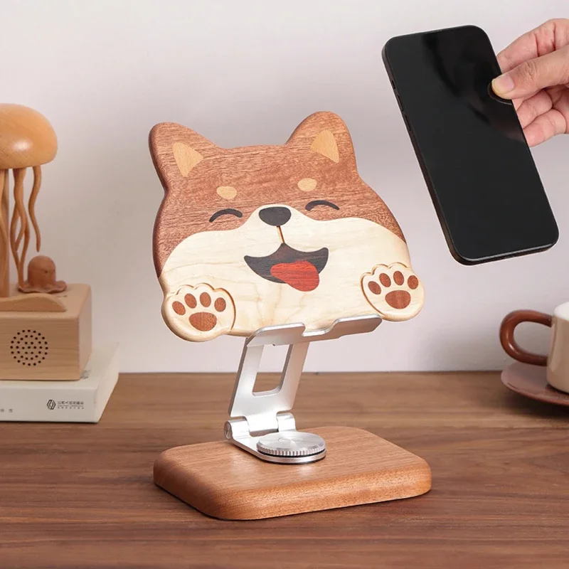 Solid Wood Corgi Tablet Holder Adjustable Rotating Charging Base Creative Cartoon Phone Stand Bedside and Desktop Phone Holder
