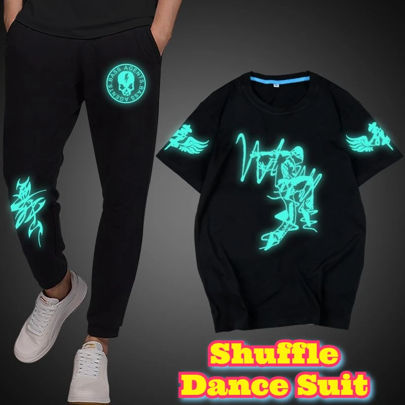 Shuffle Dance Suit Men Women Summer Night Glow T Shirt Short Sleeve Fitness Exercise Set Stage Performance Wear Fluorescent