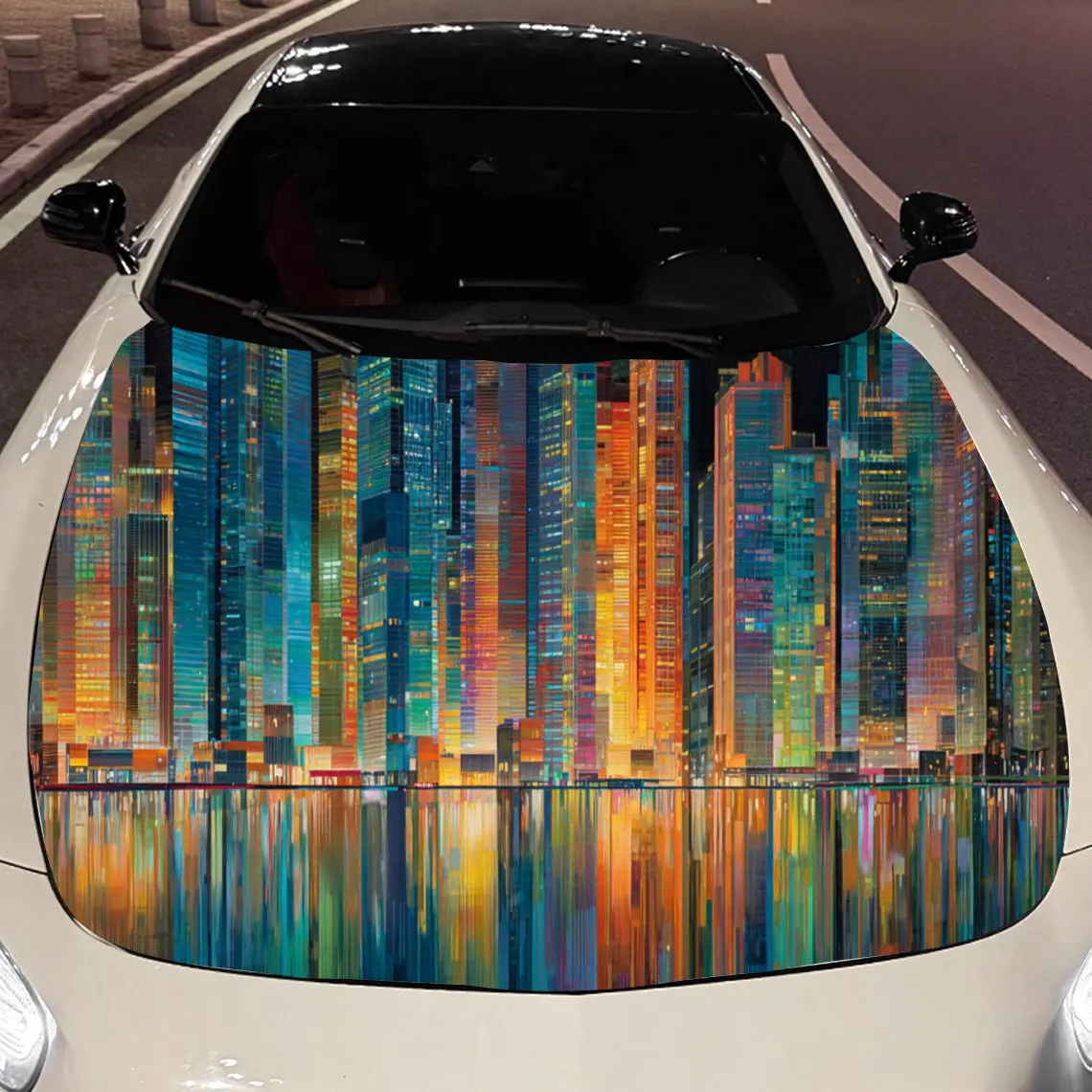 Reflections of neon lights in the night view Car Hood Vinyl Stickers Car Surface Protection Decal Car Decoration Cover Vinyl Wra