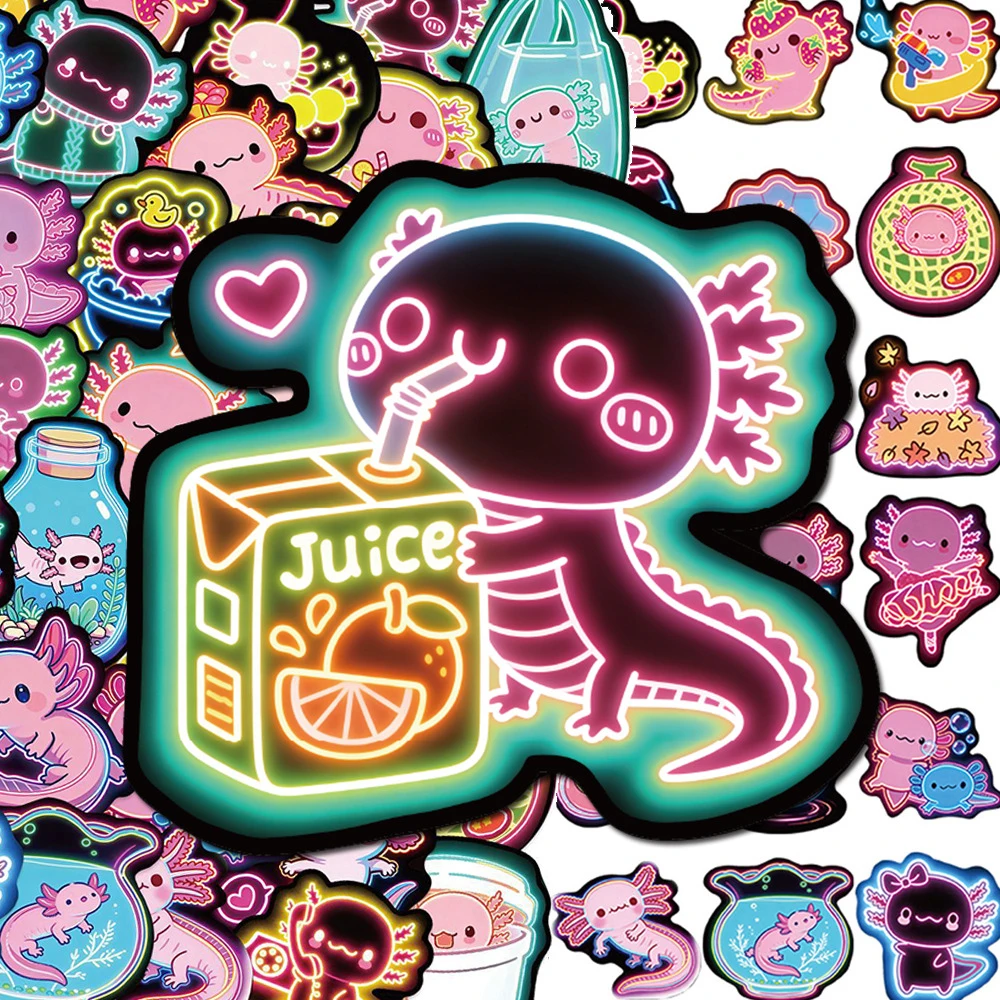 10/30/50pcs Cute Animal Axolotl Neon Light Stickers Kawaii Cartoon Waterproof Decals Skateboard Guitar Phone Sticker Decoration
