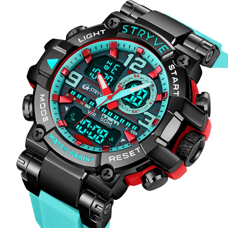 Fashion STRYVE 8025 Men's Watch Luxury 50M Waterproof Watch for Men with Analog-Digital Dual Movement Multifunctional Wristwatch