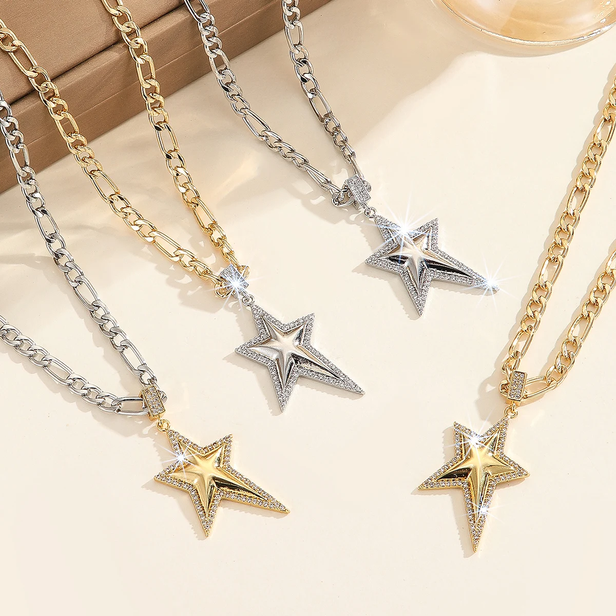 2026 New Style Four-Pointed Star Pendant Sweater Chain For Boys And Girls, High-End Luxury Fashion Street Gothic Jewelry Series.