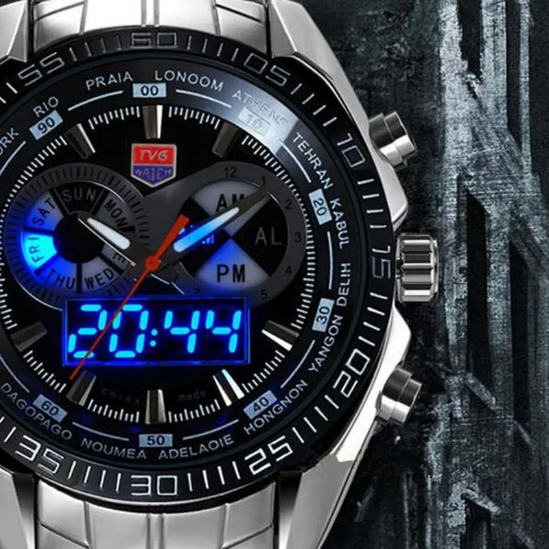 Luxury Brand TVG Stainless Steel Watch Men military Blue Binary LED Waterproof Mens sports Digtal Watches gift relogio masculino