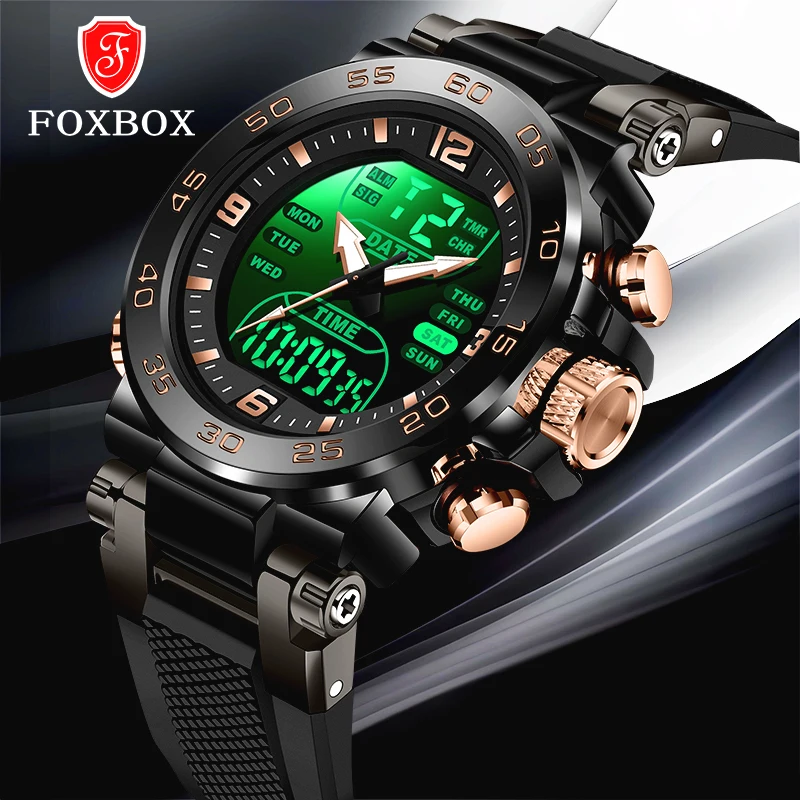 FOXBOX Mens Top Brand Luxury Watches Analog Digital Quartz Wristwatches Waterproof For Man Dual Time Display Luminous Watch Male