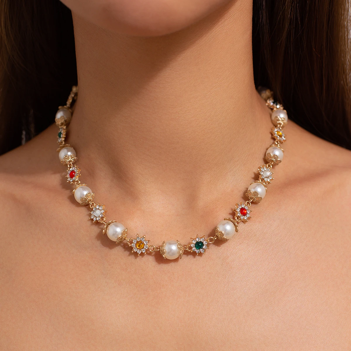 KunJoe Luxury Imitation Pearl Beads Choker Necklace for Women Bridal Elegant Rhinestone Collar Chain Wedding Jewelry on the Neck
